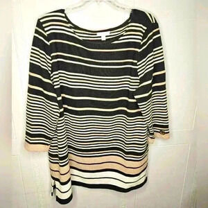 Charter Club Black Cream Striped Ribbed 3/4 Sleeve Grommet Round Neck Tunic XXL